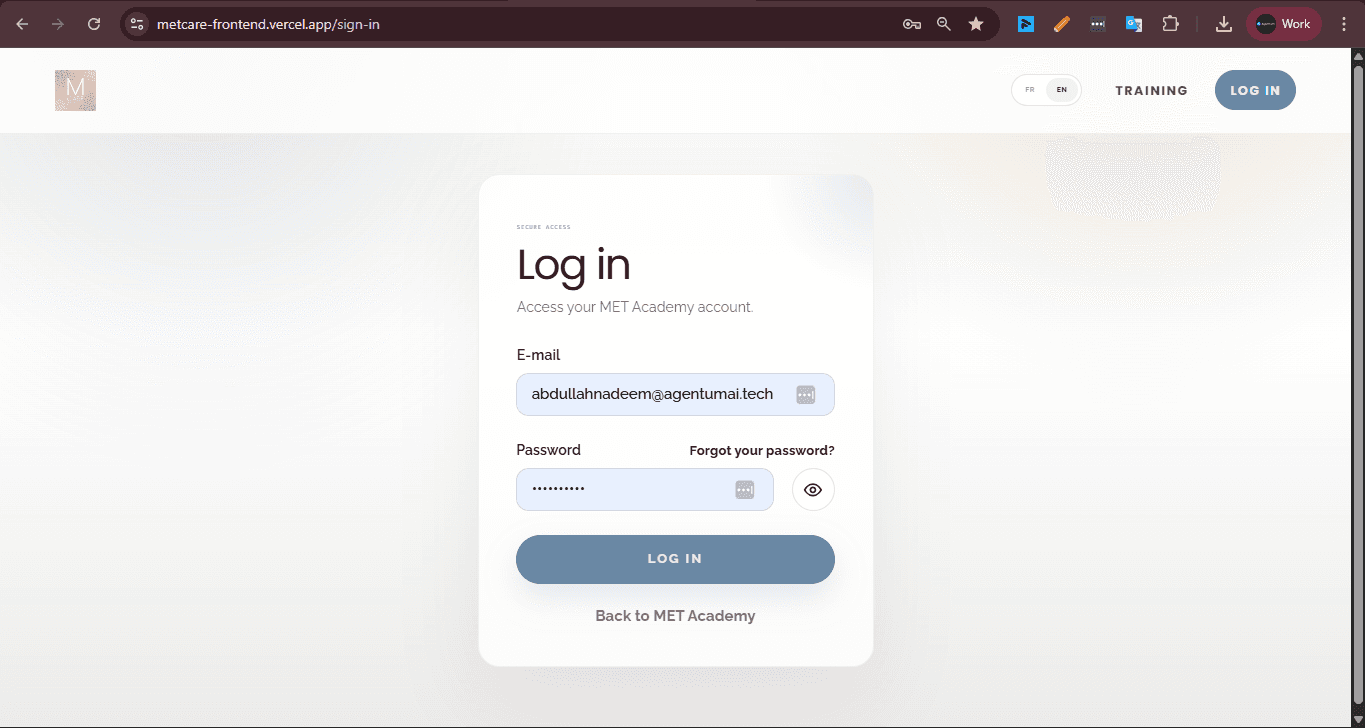 MET Academy student login screen