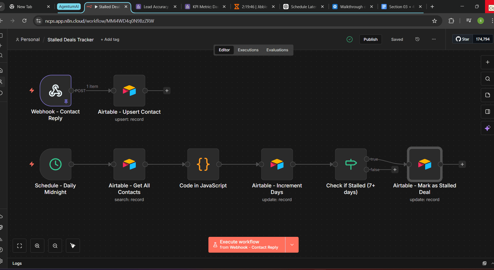 Stalled deals tracker workflow in n8n with Airtable