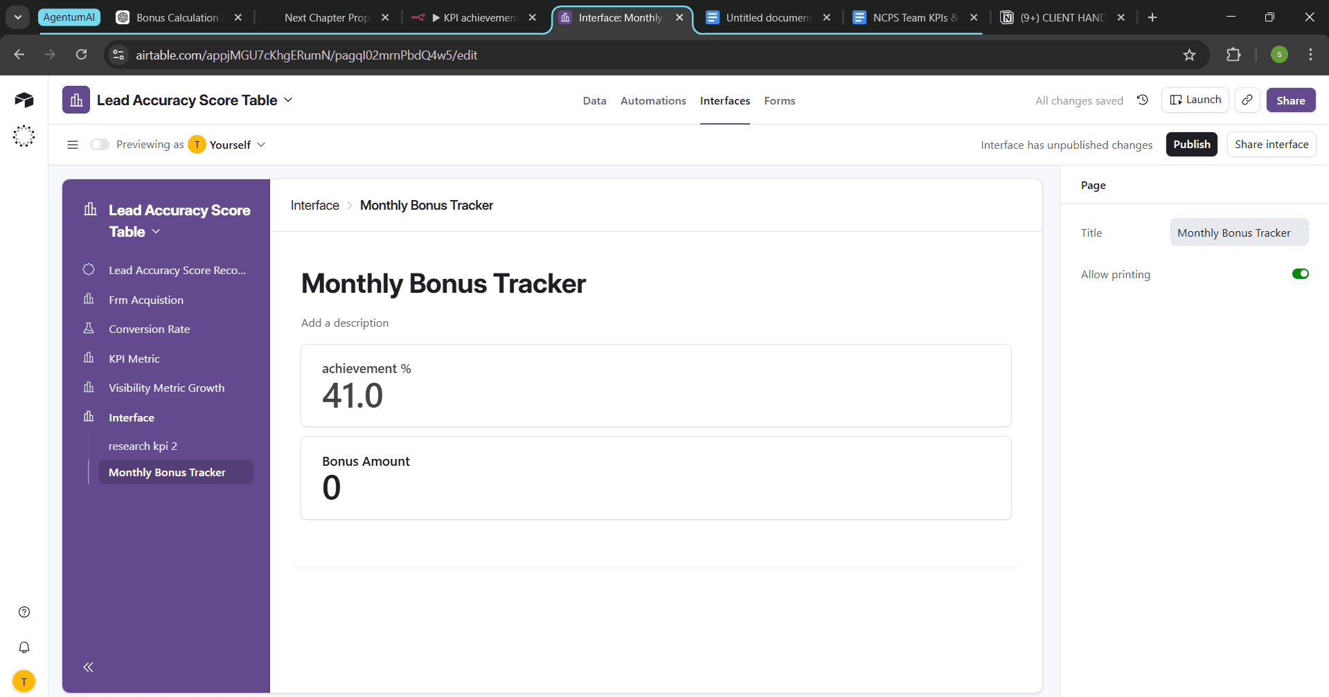 Researcher KPI tracking panel