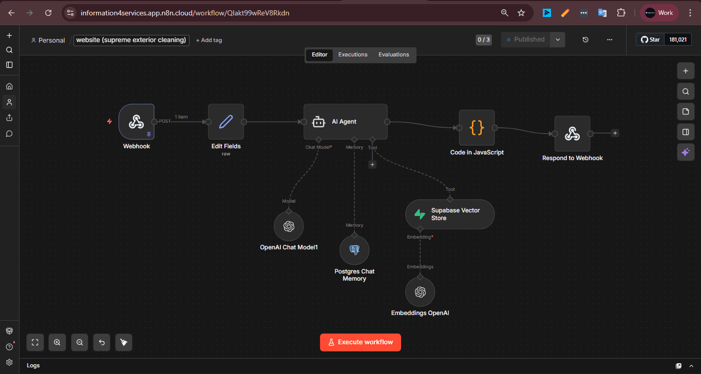 Website chatbot n8n workflow with Supabase vector store and Postgres memory